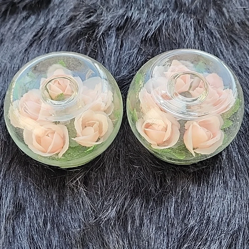 HONG KONG GLASS FLOWERS 💐 CANDLE SET. OF 2 HOLDERS - Picture 1 of 6
